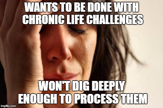 oh, my problems follow me everywhere i go because i'm the one summoning them?  now you tell me | WANTS TO BE DONE WITH CHRONIC LIFE CHALLENGES; WON'T DIG DEEPLY ENOUGH TO PROCESS THEM | image tagged in memes,first world problems | made w/ Imgflip meme maker