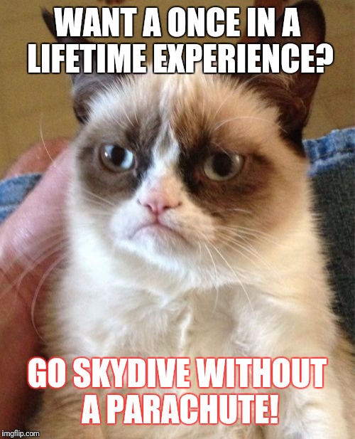 Grumpy Cat | WANT A ONCE IN A LIFETIME EXPERIENCE? GO SKYDIVE WITHOUT A PARACHUTE! | image tagged in memes,grumpy cat | made w/ Imgflip meme maker