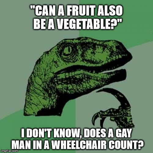 Philosoraptor Meme | "CAN A FRUIT ALSO BE A VEGETABLE?"; I DON'T KNOW, DOES A GAY MAN IN A WHEELCHAIR COUNT? | image tagged in memes,philosoraptor,fruit,vegetables,gay,disabled | made w/ Imgflip meme maker