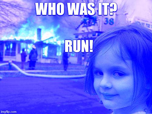 Disaster Girl Meme | WHO WAS IT? RUN! | image tagged in memes,disaster girl | made w/ Imgflip meme maker