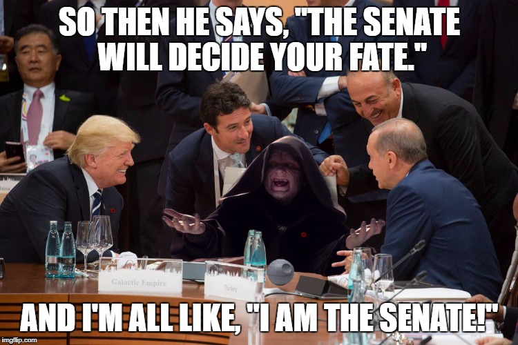 Funny Guy Palpatine | SO THEN HE SAYS, "THE SENATE WILL DECIDE YOUR FATE."; AND I'M ALL LIKE, "I AM THE SENATE!" | image tagged in funny guy palpatine,i am the senate,donald trump,trump,g20,world leaders | made w/ Imgflip meme maker
