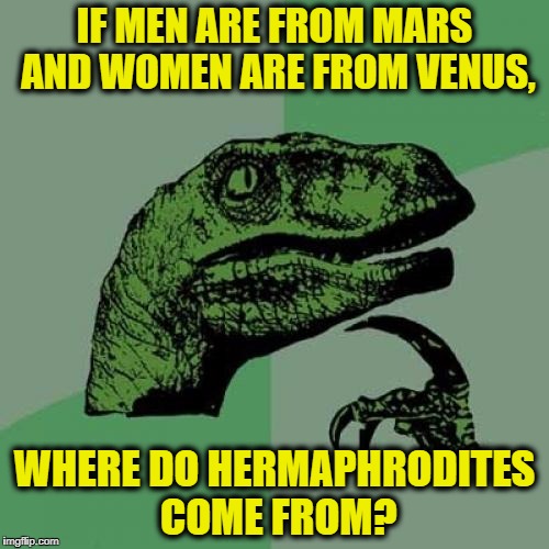 Philosoraptor | IF MEN ARE FROM MARS AND WOMEN ARE FROM VENUS, WHERE DO HERMAPHRODITES COME FROM? | image tagged in memes,philosoraptor | made w/ Imgflip meme maker