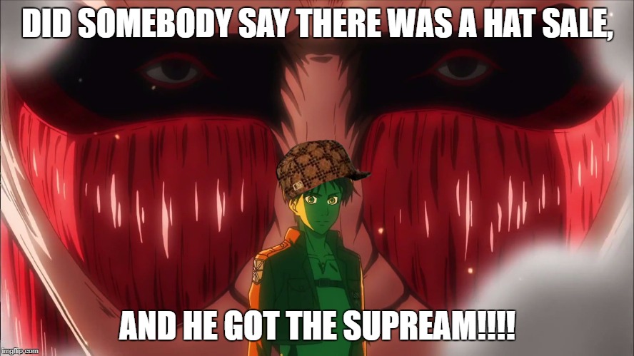 Attack on Titan | DID SOMEBODY SAY THERE WAS A HAT SALE, AND HE GOT THE SUPREAM!!!! | image tagged in attack on titan,scumbag | made w/ Imgflip meme maker