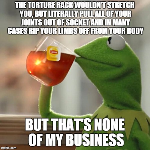But That's None Of My Business Meme | THE TORTURE RACK WOULDN'T STRETCH YOU, BUT LITERALLY PULL ALL OF YOUR JOINTS OUT OF SOCKET AND IN MANY CASES RIP YOUR LIMBS OFF FROM YOUR BO | image tagged in memes,but thats none of my business,kermit the frog | made w/ Imgflip meme maker