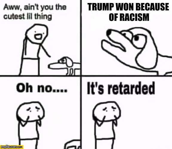 Oh no it's retarded! | TRUMP WON BECAUSE OF RACISM | image tagged in oh no it's retarded | made w/ Imgflip meme maker