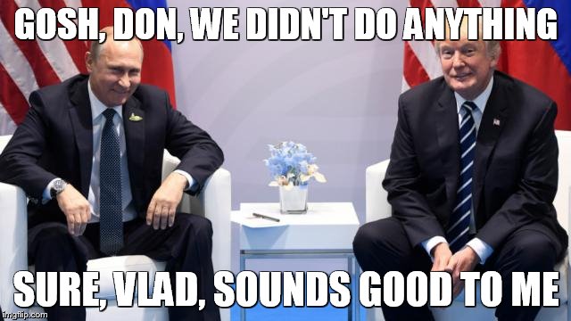 Plausible Deniability | GOSH, DON, WE DIDN'T DO ANYTHING; SURE, VLAD, SOUNDS GOOD TO ME | image tagged in political meme,funny memes,too true | made w/ Imgflip meme maker