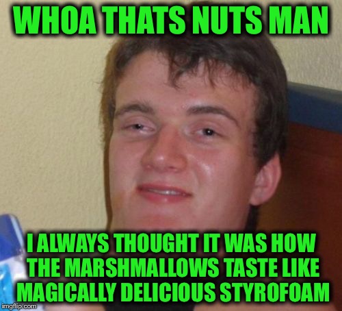 10 Guy Meme | WHOA THATS NUTS MAN I ALWAYS THOUGHT IT WAS HOW THE MARSHMALLOWS TASTE LIKE MAGICALLY DELICIOUS STYROFOAM | image tagged in memes,10 guy | made w/ Imgflip meme maker