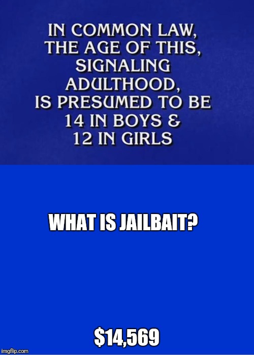 Final Jeopardy Snappy Questions to Stupid Answers | WHAT IS JAILBAIT? $14,569 | image tagged in jeopardy,jeopardy blank | made w/ Imgflip meme maker