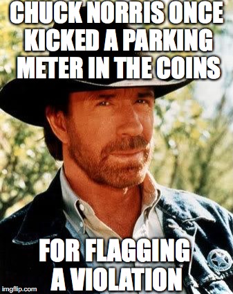 CHUCK NORRIS ONCE KICKED A PARKING METER IN THE COINS FOR FLAGGING A VIOLATION | made w/ Imgflip meme maker