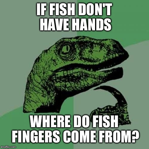 Philosoraptor Meme | IF FISH DON'T HAVE HANDS; WHERE DO FISH FINGERS COME FROM? | image tagged in memes,philosoraptor | made w/ Imgflip meme maker