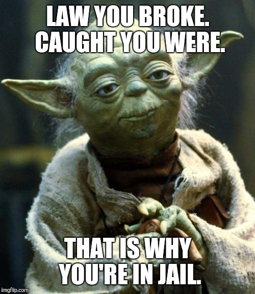 Star Wars Yoda Meme | LAW YOU BROKE. CAUGHT YOU WERE. THAT IS WHY YOU'RE IN JAIL. | image tagged in memes,star wars yoda | made w/ Imgflip meme maker