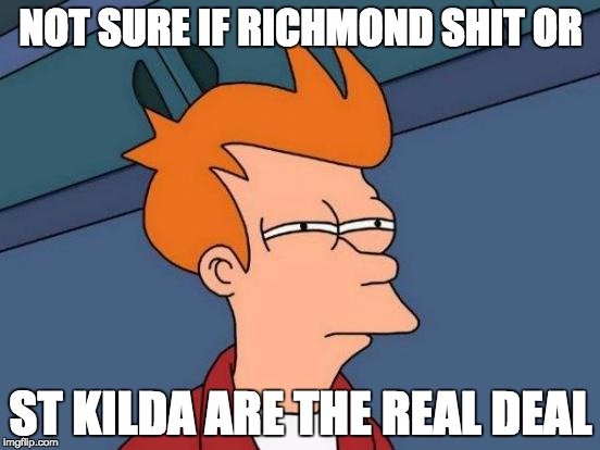 Futurama Fry Meme | NOT SURE IF RICHMOND SHIT OR; ST KILDA ARE THE REAL DEAL | image tagged in memes,futurama fry | made w/ Imgflip meme maker