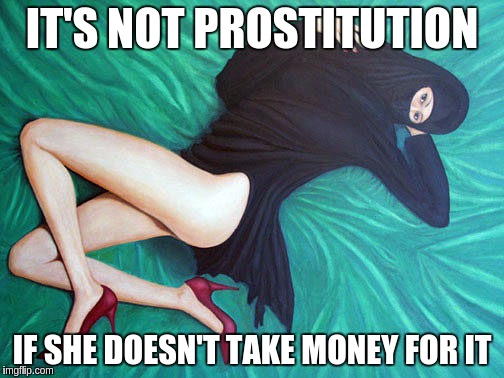 Setting Facts Straight | IT'S NOT PROSTITUTION; IF SHE DOESN'T TAKE MONEY FOR IT | image tagged in memes,funny,islam,prostitution,money | made w/ Imgflip meme maker