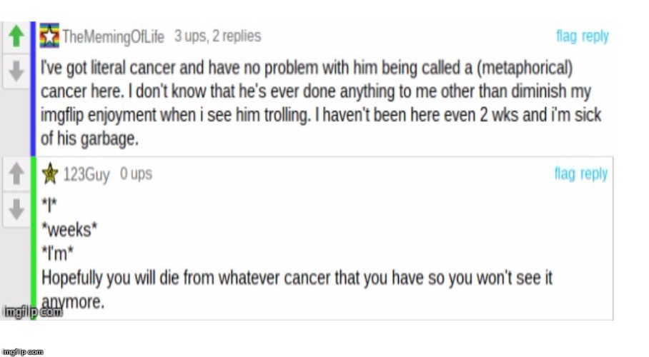 If this isn't harassement, I don't know what is. This is terrible. 123Guy told someone to ACTUALLY die of cancer. So sad. | image tagged in 123guy | made w/ Imgflip meme maker