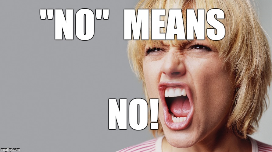 NO | "NO"  MEANS; NO! | image tagged in angry woman yelling,no | made w/ Imgflip meme maker
