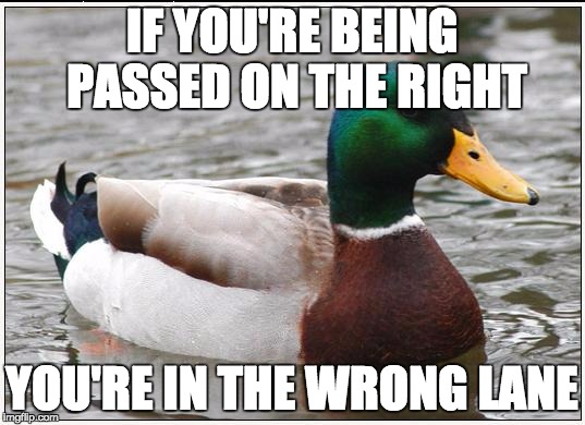 Actual Advice Mallard Meme | IF YOU'RE BEING PASSED ON THE RIGHT; YOU'RE IN THE WRONG LANE | image tagged in memes,actual advice mallard | made w/ Imgflip meme maker