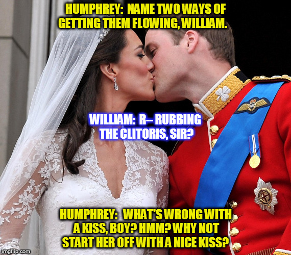 HUMPHREY:  NAME TWO WAYS OF GETTING THEM FLOWING, WILLIAM. WILLIAM:  R-- RUBBING THE CLITORIS, SIR? HUMPHREY:   WHAT'S WRONG WITH A KISS, BOY? HMM? WHY NOT START HER OFF WITH A NICE KISS? | image tagged in kedar joshi,kate middleton,prince william,monty python's the meaning of life,sex education | made w/ Imgflip meme maker
