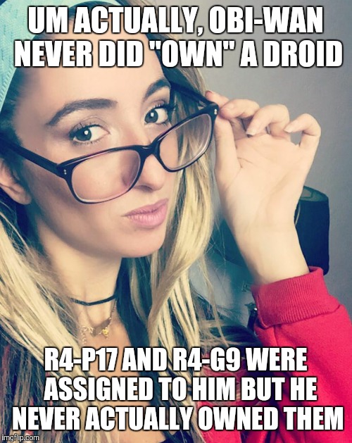 Cultured Nerd Girl | UM ACTUALLY, OBI-WAN NEVER DID "OWN" A DROID; R4-P17 AND R4-G9 WERE  ASSIGNED TO HIM BUT HE NEVER ACTUALLY OWNED THEM | image tagged in cultured nerd girl | made w/ Imgflip meme maker