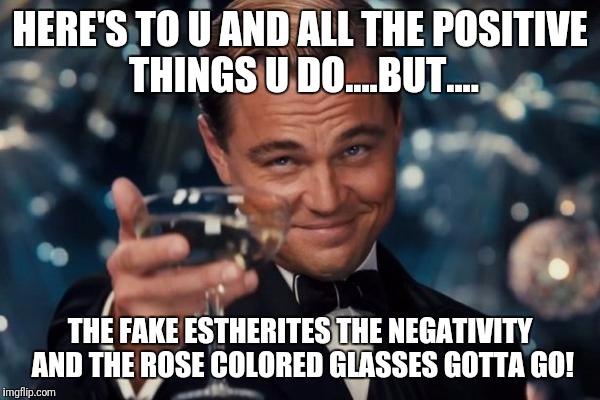 Leonardo Dicaprio Cheers | HERE'S TO U AND ALL THE POSITIVE THINGS U DO....BUT.... THE FAKE ESTHERITES THE NEGATIVITY AND THE ROSE COLORED GLASSES GOTTA GO! | image tagged in memes,leonardo dicaprio cheers | made w/ Imgflip meme maker
