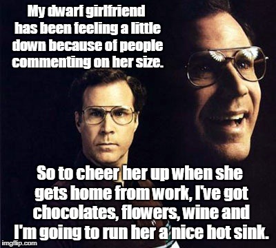 Will Ferrell Meme | My dwarf girlfriend has been feeling a little down because of people commenting on her size. So to cheer her up when she gets home from work, I've got chocolates, flowers, wine and I'm going to run her a nice hot sink. | image tagged in memes,will ferrell | made w/ Imgflip meme maker