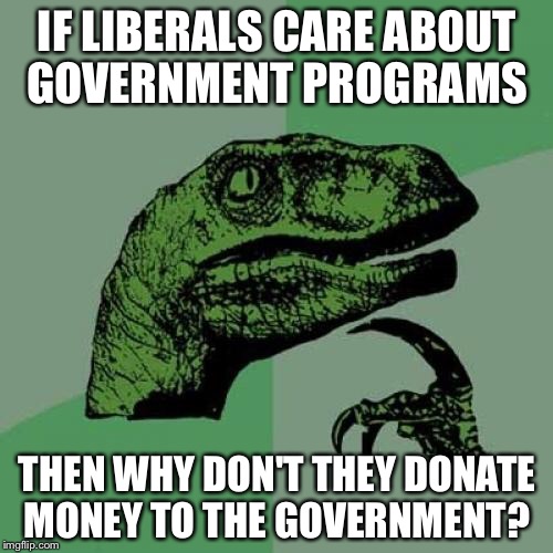 Philosoraptor Meme | IF LIBERALS CARE ABOUT GOVERNMENT PROGRAMS THEN WHY DON'T THEY DONATE MONEY TO THE GOVERNMENT? | image tagged in memes,philosoraptor | made w/ Imgflip meme maker