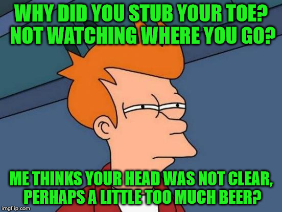 Futurama Fry Meme | WHY DID YOU STUB YOUR TOE? NOT WATCHING WHERE YOU GO? ME THINKS YOUR HEAD WAS NOT CLEAR, PERHAPS A LITTLE TOO MUCH BEER? | image tagged in memes,futurama fry | made w/ Imgflip meme maker