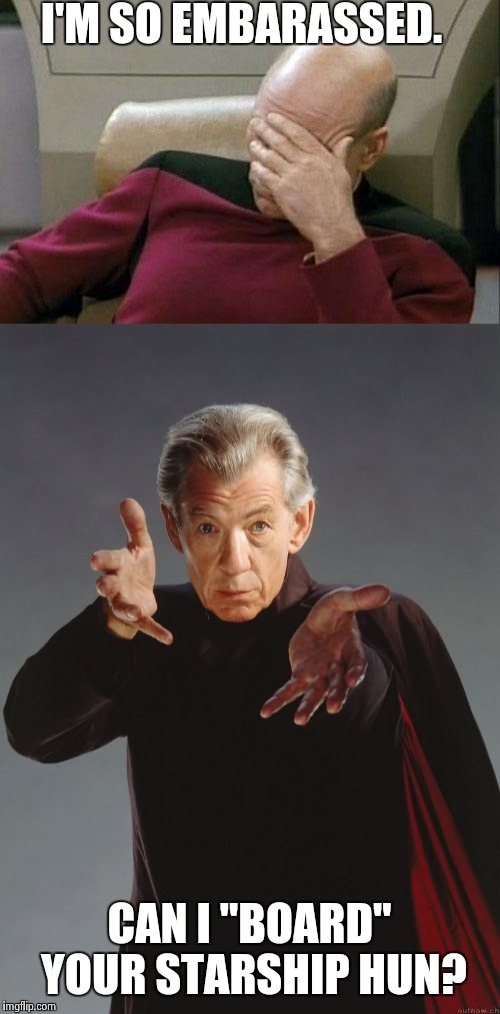 Bringing your spouse to work... | I'M SO EMBARASSED. CAN I "BOARD" YOUR STARSHIP HUN? | image tagged in nsfw,gay marriage,captain picard facepalm,magneto,funny | made w/ Imgflip meme maker