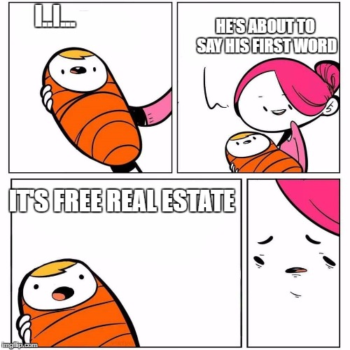 baby's first word | HE'S ABOUT TO SAY HIS FIRST WORD; I..I... IT'S FREE REAL ESTATE | image tagged in baby's first word | made w/ Imgflip meme maker
