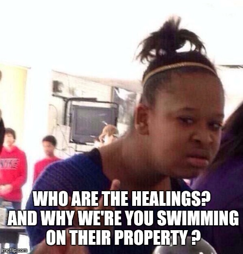 Black Girl Wat Meme | WHO ARE THE HEALINGS? AND WHY WE'RE YOU SWIMMING ON THEIR PROPERTY ? | image tagged in memes,black girl wat | made w/ Imgflip meme maker