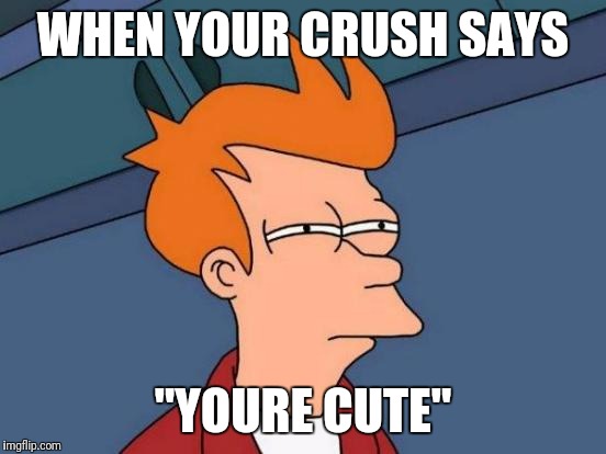 Futurama Fry Meme | WHEN YOUR CRUSH SAYS; "YOURE CUTE" | image tagged in memes,futurama fry | made w/ Imgflip meme maker