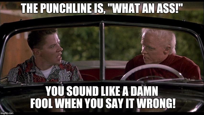THE PUNCHLINE IS, "WHAT AN ASS!" YOU SOUND LIKE A DAMN FOOL WHEN YOU SAY IT WRONG! | made w/ Imgflip meme maker