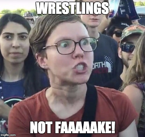 Triggered feminist | WRESTLINGS; NOT FAAAAAKE! | image tagged in triggered feminist | made w/ Imgflip meme maker