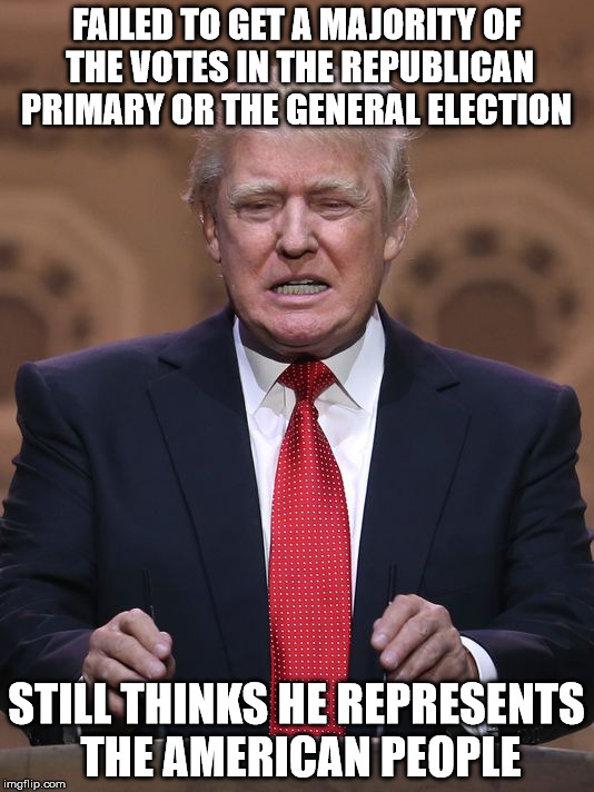 Donald Trump | FAILED TO GET A MAJORITY OF THE VOTES IN THE REPUBLICAN PRIMARY OR THE GENERAL ELECTION; STILL THINKS HE REPRESENTS THE AMERICAN PEOPLE | image tagged in donald trump | made w/ Imgflip meme maker