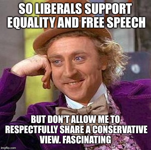 Creepy Condescending Wonka Meme | SO LIBERALS SUPPORT EQUALITY AND FREE SPEECH; BUT DON'T ALLOW ME TO RESPECTFULLY SHARE A CONSERVATIVE VIEW. FASCINATING | image tagged in memes,creepy condescending wonka | made w/ Imgflip meme maker
