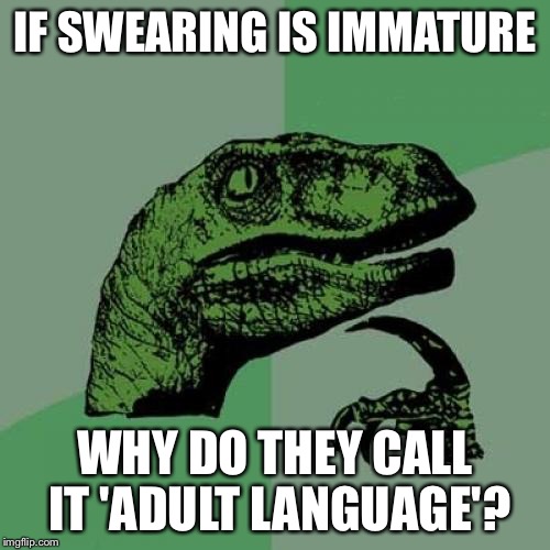 Philosoraptor Meme | IF SWEARING IS IMMATURE; WHY DO THEY CALL IT 'ADULT LANGUAGE'? | image tagged in memes,philosoraptor | made w/ Imgflip meme maker