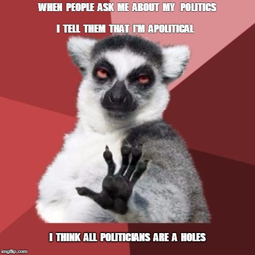 Chill Out Lemur Meme |  WHEN  PEOPLE  ASK  ME  ABOUT  MY   POLITICS; I  TELL  THEM  THAT  I'M  APOLITICAL; I  THINK  ALL  POLITICIANS  ARE  A  HOLES | image tagged in memes,chill out lemur | made w/ Imgflip meme maker