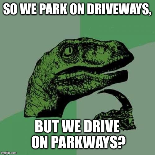 Philosoraptor | SO WE PARK ON DRIVEWAYS, BUT WE DRIVE ON PARKWAYS? | image tagged in memes,philosoraptor | made w/ Imgflip meme maker