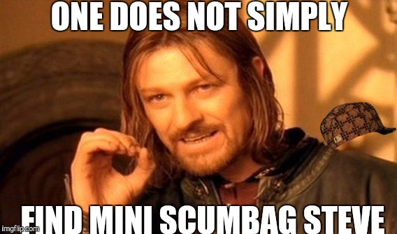 One Does Not Simply | ONE DOES NOT SIMPLY; FIND MINI SCUMBAG STEVE | image tagged in memes,one does not simply,scumbag | made w/ Imgflip meme maker