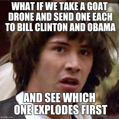 What if | WHAT IF WE TAKE A GOAT DRONE AND SEND ONE EACH TO BILL CLINTON AND OBAMA; AND SEE WHICH ONE EXPLODES FIRST | image tagged in what if | made w/ Imgflip meme maker