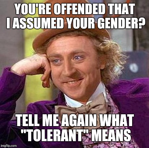 Creepy Condescending Wonka Meme | YOU'RE OFFENDED THAT I ASSUMED YOUR GENDER? TELL ME AGAIN WHAT "TOLERANT" MEANS | image tagged in memes,creepy condescending wonka | made w/ Imgflip meme maker