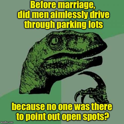 Philosoraptor | Before marriage, did men aimlessly drive through parking lots; because no one was there to point out open spots? | image tagged in memes,philosoraptor | made w/ Imgflip meme maker