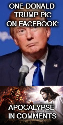 ONE DONALD TRUMP PIC ON FACEBOOK:; APOCALYPSE IN COMMENTS | image tagged in donald trump,memes | made w/ Imgflip meme maker