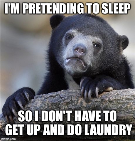 Confession Bear Meme | I'M PRETENDING TO SLEEP; SO I DON'T HAVE TO GET UP AND DO LAUNDRY | image tagged in memes,confession bear | made w/ Imgflip meme maker