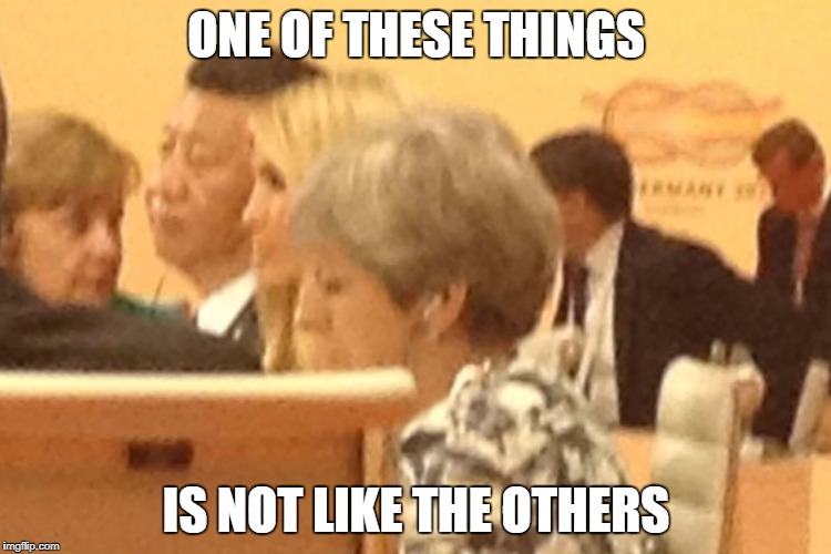 ONE OF THESE THINGS; IS NOT LIKE THE OTHERS | image tagged in ivanka turmp,g20,donald trump,angela merkel,xi jinping | made w/ Imgflip meme maker