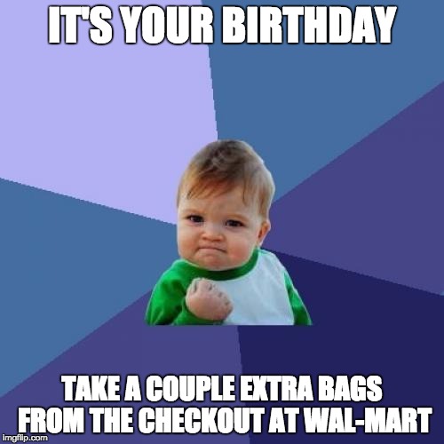 Success Kid Meme | IT'S YOUR BIRTHDAY; TAKE A COUPLE EXTRA BAGS FROM THE CHECKOUT AT WAL-MART | image tagged in memes,success kid | made w/ Imgflip meme maker