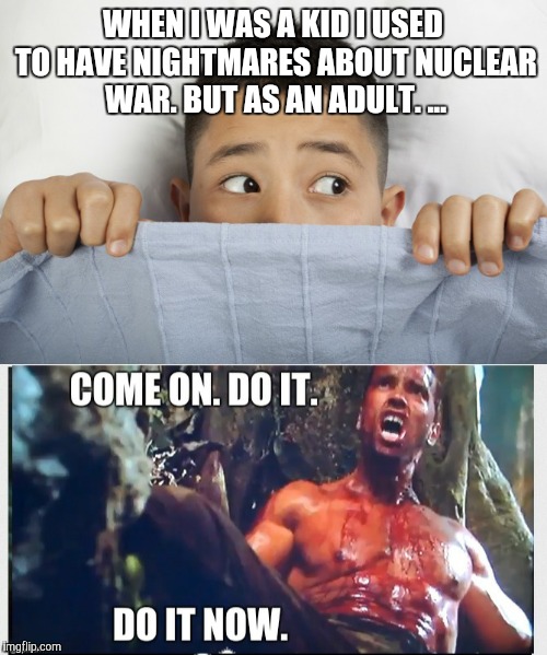 Then and now  | WHEN I WAS A KID I USED TO HAVE NIGHTMARES ABOUT NUCLEAR WAR. BUT AS AN ADULT. ... | image tagged in memes | made w/ Imgflip meme maker