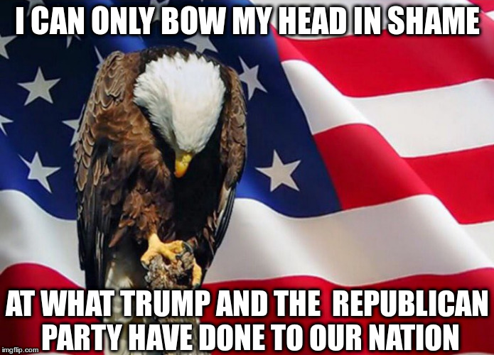 Shamed | I CAN ONLY BOW MY HEAD IN SHAME; AT WHAT TRUMP AND THE  REPUBLICAN PARTY HAVE DONE TO OUR NATION | image tagged in trump,republican party | made w/ Imgflip meme maker