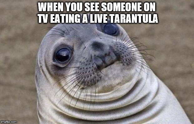 Awkward Moment Sealion Meme | WHEN YOU SEE SOMEONE ON TV EATING A LIVE TARANTULA | image tagged in memes,awkward moment sealion | made w/ Imgflip meme maker