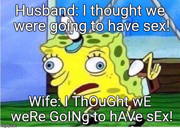 Mocking Spongebob Meme | Husband: I thought we were going to have sex! Wife: I ThOuGht wE weRe GoINg to hAVe sEx! | image tagged in spongebob chicken | made w/ Imgflip meme maker