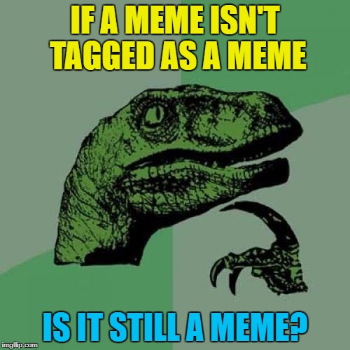 We may never know... :) | IF A MEME ISN'T TAGGED AS A MEME; IS IT STILL A MEME? | image tagged in philosoraptor | made w/ Imgflip meme maker